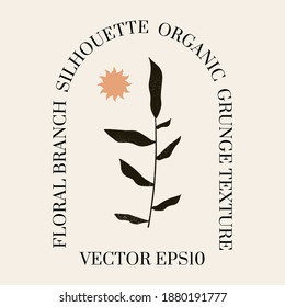 Female celestial Boho logo in a minimal mid century modern style. Vector logotype design Template with organic textured  floral leaves branch. For cosmetics, tattoo, Spa, social media
