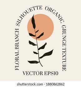 Female celestial Boho logo in a minimal mid century modern style. Vector logotype design Template with organic textured  floral leaves branch. For cosmetics, tattoo, Spa, social media