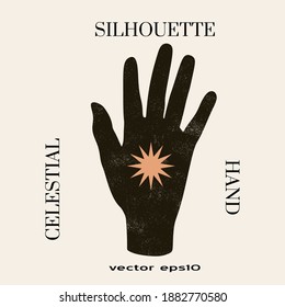 Female celestial Boho logo in a minimal mid century modern style. Vector logotype design Template with organic textured hand gesture and mystic symbol. For cosmetics, tattoo, Spa, social media