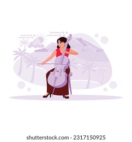 The female cellist is stunning on the beach at sunset. Trend Modern vector flat illustration.
