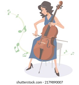 Female Cello Player Performing On Isolated White Background. Vector Illustration In Flat Cartoon Style.