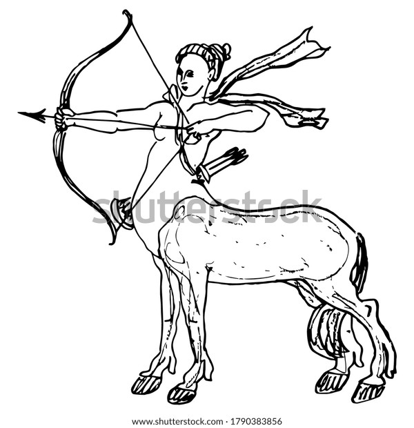 弓矢を射る女中 幻想的な生き物 半馬半女 手描きのリニアスケッチ 白い背景に黒いシルエット のベクター画像素材 ロイヤリティフリー
