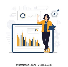 Female CEO holding tab and pen doing Data analysis with virtual interface concept illustration