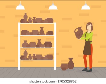 Female Ceramists Making Ceramic Pots at Pottery Workshop, Creative People Profession or Hobby Vector Illustration