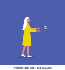Female Character addicted to coffee. Conceptual illustration. Zombie walk. Take away. Millennial lifestyle. Flat editable vector illustration, clip art