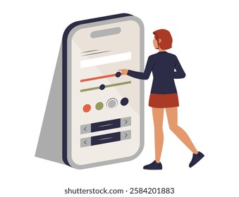 Female Character Adjusting Mobile UI Settings In Flat Vector Illustration Symbolizing Digital Customization, App Preferences, And User Interface Optimization, Isolated On White Background.