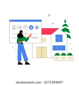 Female Character Adjusting Smart Home Security Settings In Flat Vector Illustration Symbolizing Safety, Innovation, And Digital Control, Isolated On White Background.