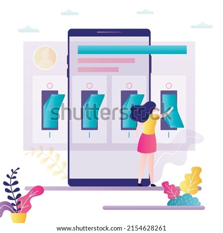 Female character adjusts settings in smartphone. Mobile phone screen with control panel and toggles. Woman user near big gadget. Change settings on cellphone. Applications management. Flat vector