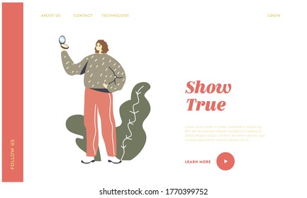Female Character Admire with her Image Look in Reflection Landing Page Template. Attractive Young Woman Refreshing Makeup by Holding Handheld Mirror Powder Box Outdoors. Linear Vector Illustration