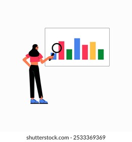 Female Character Analyzing Bar Graph With Magnifying Glass In Flat Vector Illustration Symbolizing Data Analysis And Business Insights, Isolated On White Background
