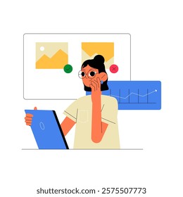 Female Character Analyzing Graphics On A Tablet In Flat Vector Illustration Symbolizing Data Review, Analysis, And Creativity, Isolated On White Background