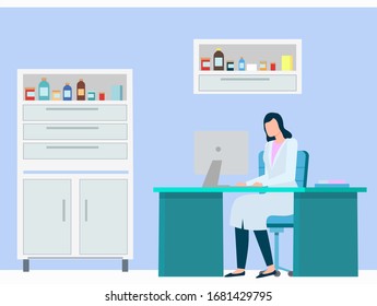 Female character analyzing results of analysis of patient in lab, Scientist wearing white coat in laboratory working on laptop. Doctor a work, doc in room with medication on shelves, vector in flat