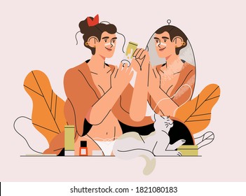 Female character apply cosmetic, cream, exfoliator, mask, do make up. Skin care, beauty products advertisement with young woman looking into the mirror. Vector illustration for beauty blog, article.