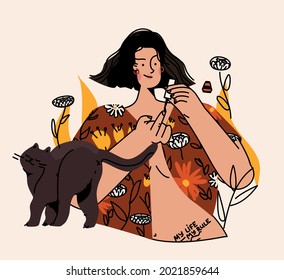 Female character apply cosmetic, nail polish,do make up. Nail care, beauty products advertisement with young woman looking into the mirror. Vector illustration for beauty blog, article.
