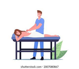 Female Character Applying Acupuncture Therapy in Spa Salon. Therapist Inject Needles in Woman Back. Alternative Chinese Medicine Form With Body Injection Points. Cartoon People Vector Illustration