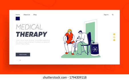 Female Character Applying Cryotherapy Wellness Procedure Landing Page Template. Doctor with Processing Woman Legs with Nitrogen at Cosmetology Clinic Chamber. Linear People Vector Illustration