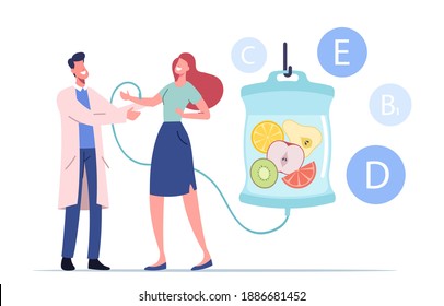 Female Character Applying Intravenous Infusion of Natural Nutrients via Dropper in Hospital or Clinic with Doctor Assistance. Vitamins Dripping, Iv Therapy Concept. Cartoon People Vector Illustration