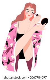 Female character applying mascara and making up visage with cosmetics products. Woman in robe, isolated lady in salon or home. Beautician or procedure for glamorous look. Vector in flat style