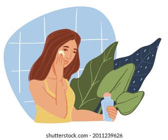 Female character applying micellar water, cleansing gel or natural organic product for moisturizing and anti age effect. Woman with cosmetics using cotton pad, home procedure. Vector in flat style