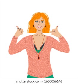 Female character approving, doing positive gesture with hand. Woman smiling broadly, looking happy and positive, confident and successful, with both thumbs up. Winner gesture.