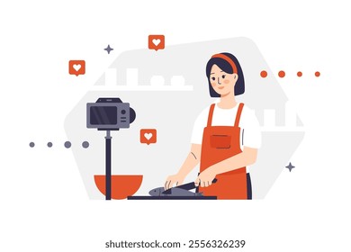 A female character in an apron cooks fish in the kitchen. The girl records the cooking process for her followers on a camera mounted on a tripod. Shelves with kitchen utensils and social media icons.