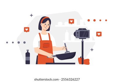 A female character in an apron cooks in the kitchen. The girl records the cooking process for her subscribers on a camera mounted on a tripod. Shelves with kitchen utensils and social media icons.