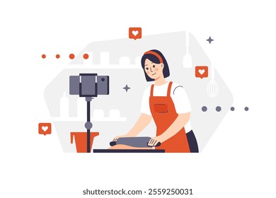 A female character in an apron rolls out dough in the kitchen. A girl with a headband films the process of preparing bakery products for subscribers on a camera mounted on a tripod. Social media icons