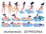 Female character at aquapark set. Woman riding water slides and swiming in pool. Summertime vacation entertainment. Resort amusement, active water recreation. Flat vector illustration