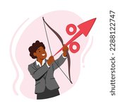 Female Character Archer Aiming At Target With Percent Sign Instead Of An Arrow, Symbolizing Interest Rate Hikes. Concept For Financial Or Economic-related Theme. Cartoon People Vector Illustration