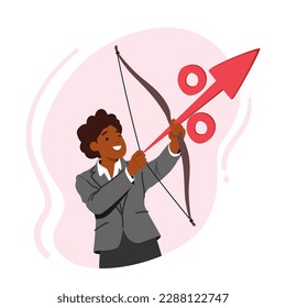 Female Character Archer Aiming At Target With Percent Sign Instead Of An Arrow, Symbolizing Interest Rate Hikes. Concept For Financial Or Economic-related Theme. Cartoon People Vector Illustration