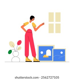 Female Character Arranging Frames In Flat Vector Illustration Symbolizing Interior Design, Creativity, And Home Decoration, Isolated On White Background.