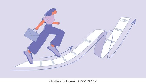 Female character ascending a path of tasks symbolized as a document.  Career growth. Business direction or way forward to goal. Effective work, success, and professional growth. 