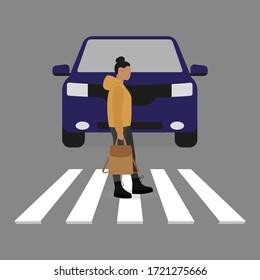 Female character with a backpack in hand goes on a pedestrian crossing in front of a car