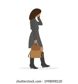 Female character with a backpack in hand goes and speaks on the phone on a white background