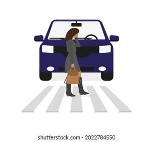 Female character with a backpack in hand talking on the phone and walking along the pedestrian crossing in front of the car on a white background