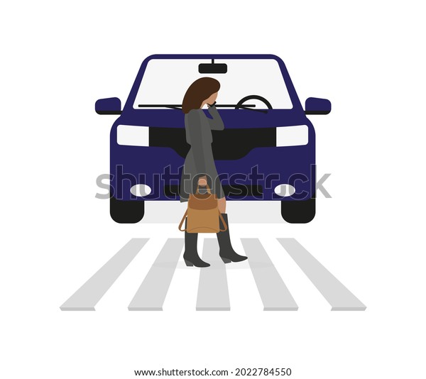 Female character with a backpack in hand\
talking on the phone and walking along the pedestrian crossing in\
front of the car on a white\
background