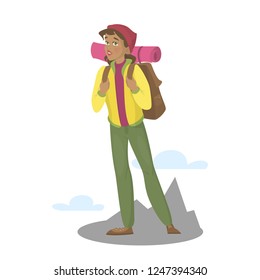 Female character with backpack hiking. Active and healthy lifestyle. Travel and adventure concept. Isolated vector illustration in cartoon style