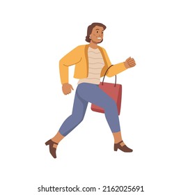 Female character with bag on shoulder running to shop or store for special offer. Promotion and sale in supermarket, shopaholic hurrying up to buy goods in stock, vector illustration