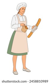 female  character baker in uniform holding paper bag with fresh croissants and baguette bread 