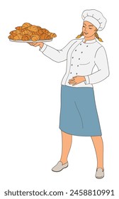 female character baker in uniform holding a plate with fresh croissants