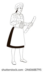 female  character baker in uniform holding paper bag with fresh croissants and baguette bread