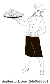 female  character baker in uniform holding a plate with fresh croissants