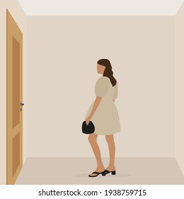 A female character in a beautiful dress and with a handbag in her hand stands in front of a closed door