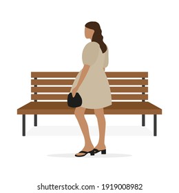 A female character in a beautiful dress, holding a handbag while standing near a wooden bench