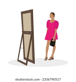 A female character in a beautiful dress looks in a floor mirror on a white background