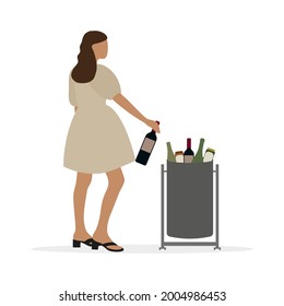 Female character in a beautiful dress throws a bottle into a trash can on a white background