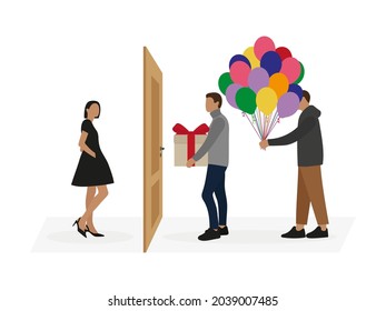 Female character in a beautiful dress and two male characters with a gift box and balloons are standing on opposite sides of the door on a white background