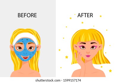 Female character "before" and "after" cosmetic mask. Cartoon style. Vector illustration