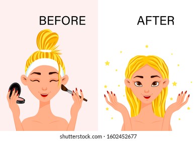 Female character "before" and "after" cosmetic procedure. Cartoon style. Vector illustration