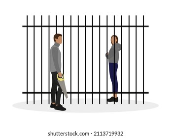 Female character behind bars and male character in front of bars with a saw in hand